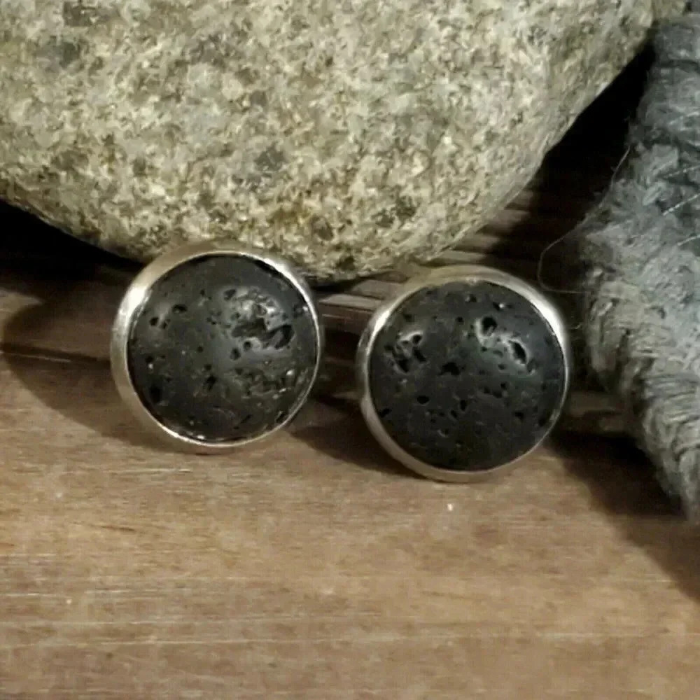 Domed Aromatherapy Black Volcanic Lava Cabochon Silver Plated Stud Earrings
